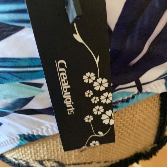 Off Shoulder Ruffle Top 2pc Swimwear White Top Print High Waist Bottom X-LARGE - Picture 6 of 11